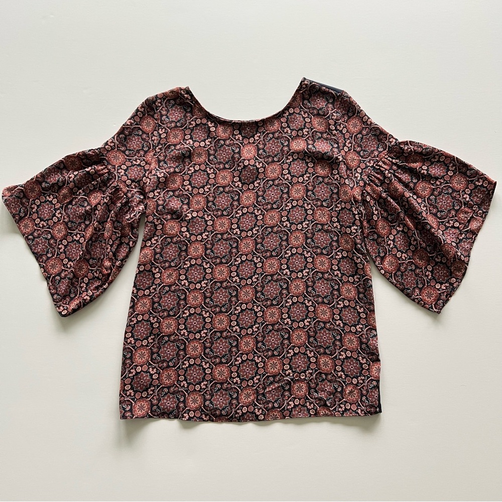 Loft Outlet Blue and Orange Floral Kaleidoscope Blouse, Extra Small Petite